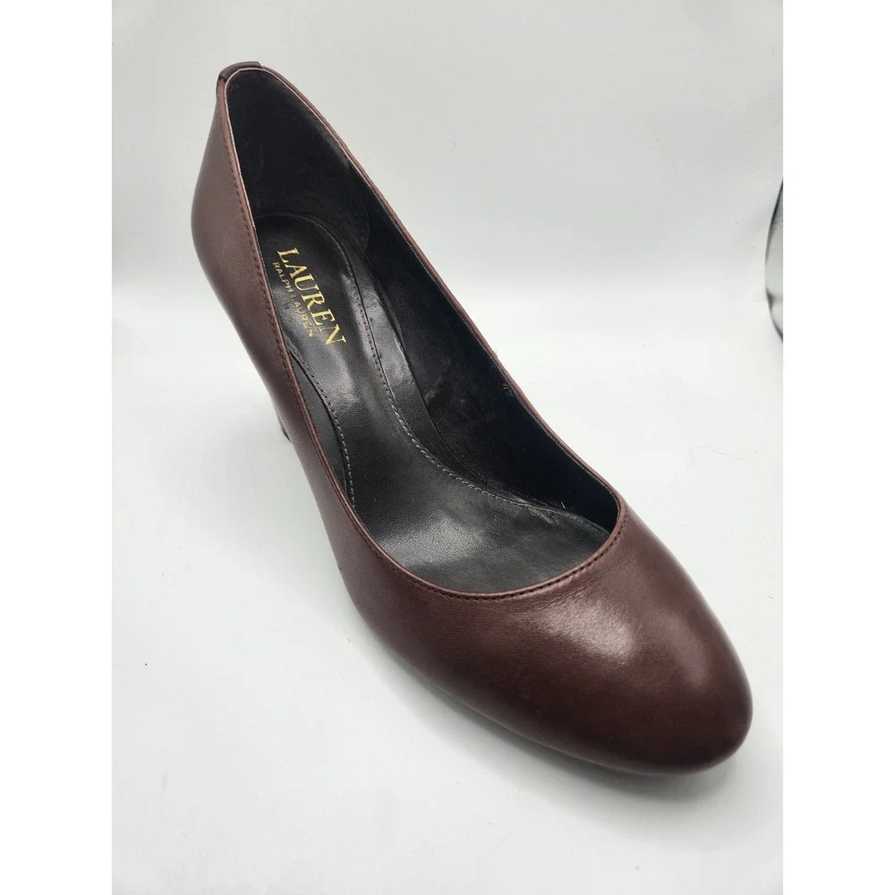 Lauren Ralph Lauren Womens Brown Leather‎ Block Heel Almond Toe Pumps Size 8B